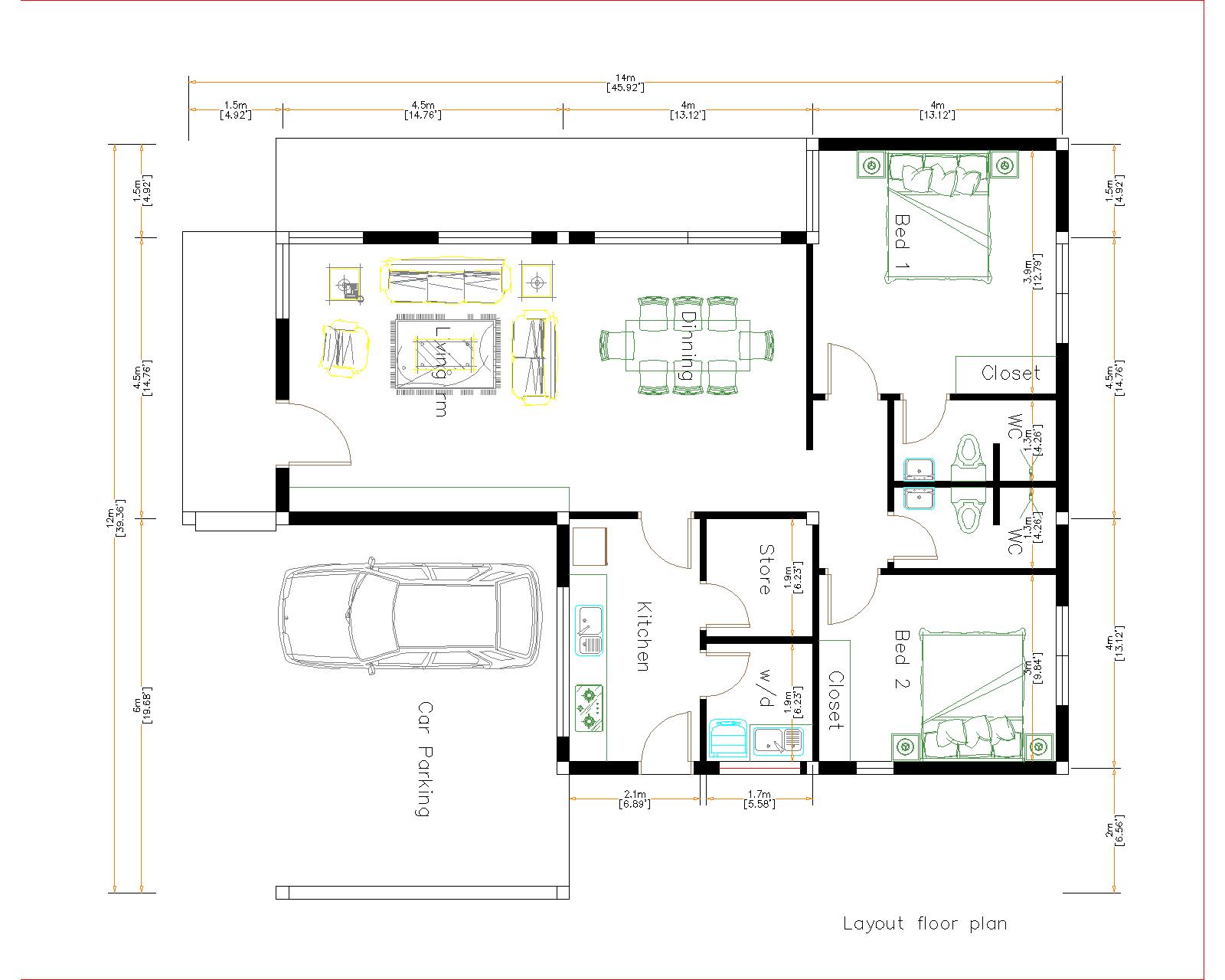 New House Design 12x14 Meter 40x46 Feet 2 Beds Samhouseplans