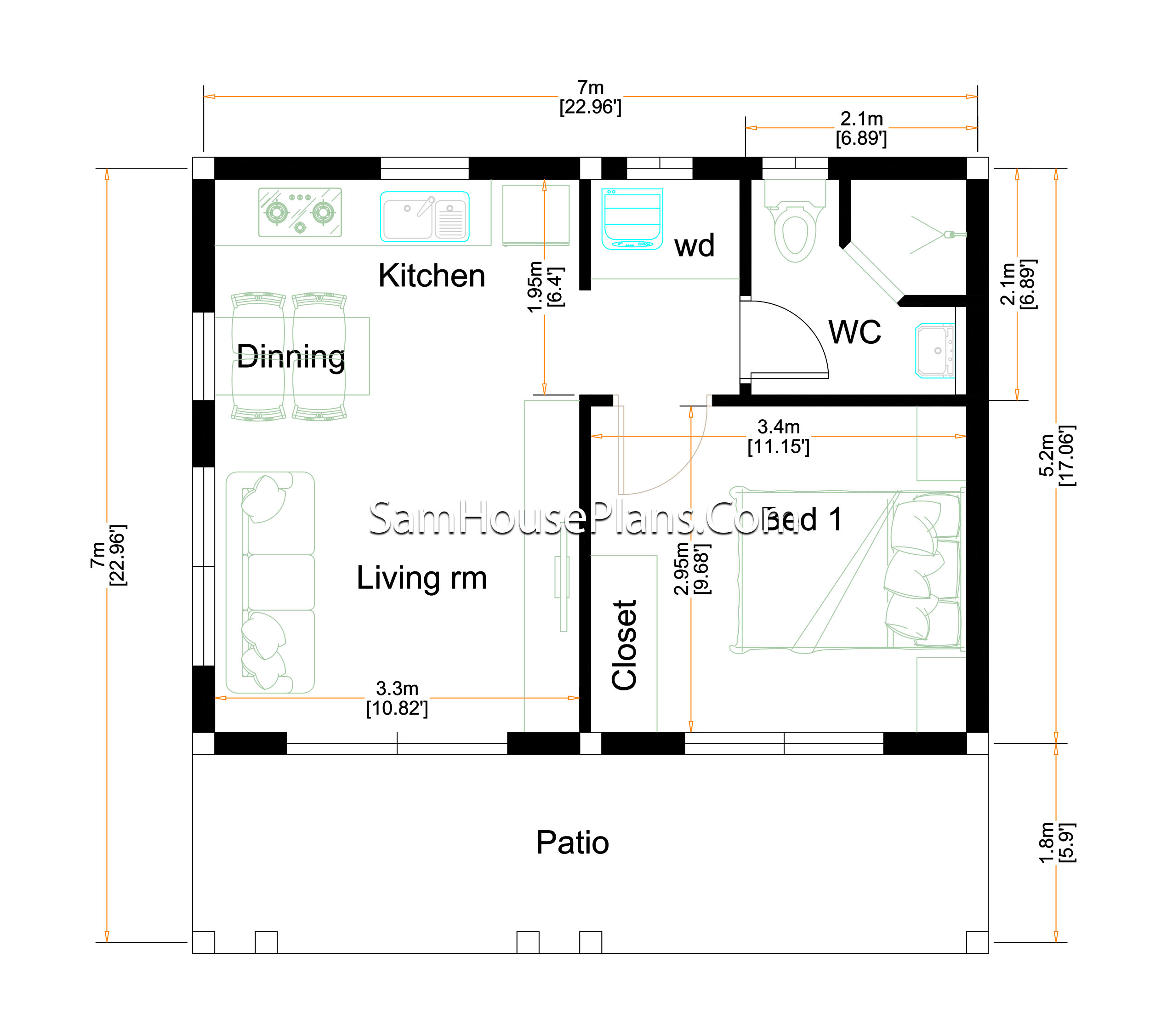 Granny Flat 7x5.2 Meter 1 Bedroom Gable Roof