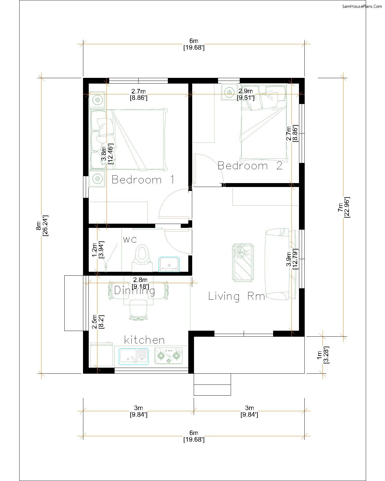 Small House Plans 8x6 With Bedrooms Slope Roof, 54% OFF