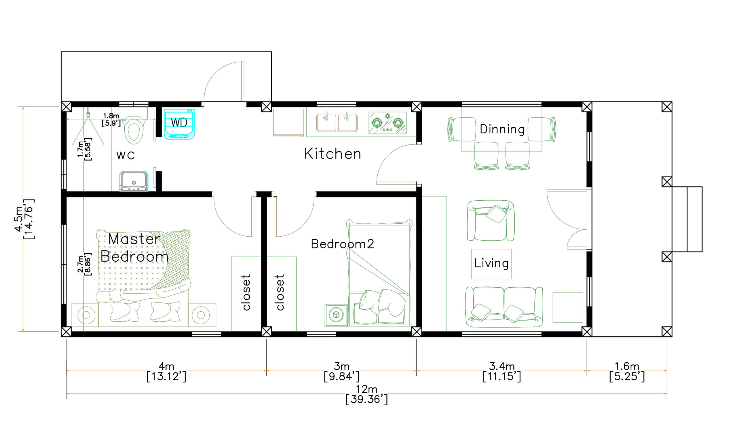 Small House Plans 4 5x12 M 2 Beds Gable