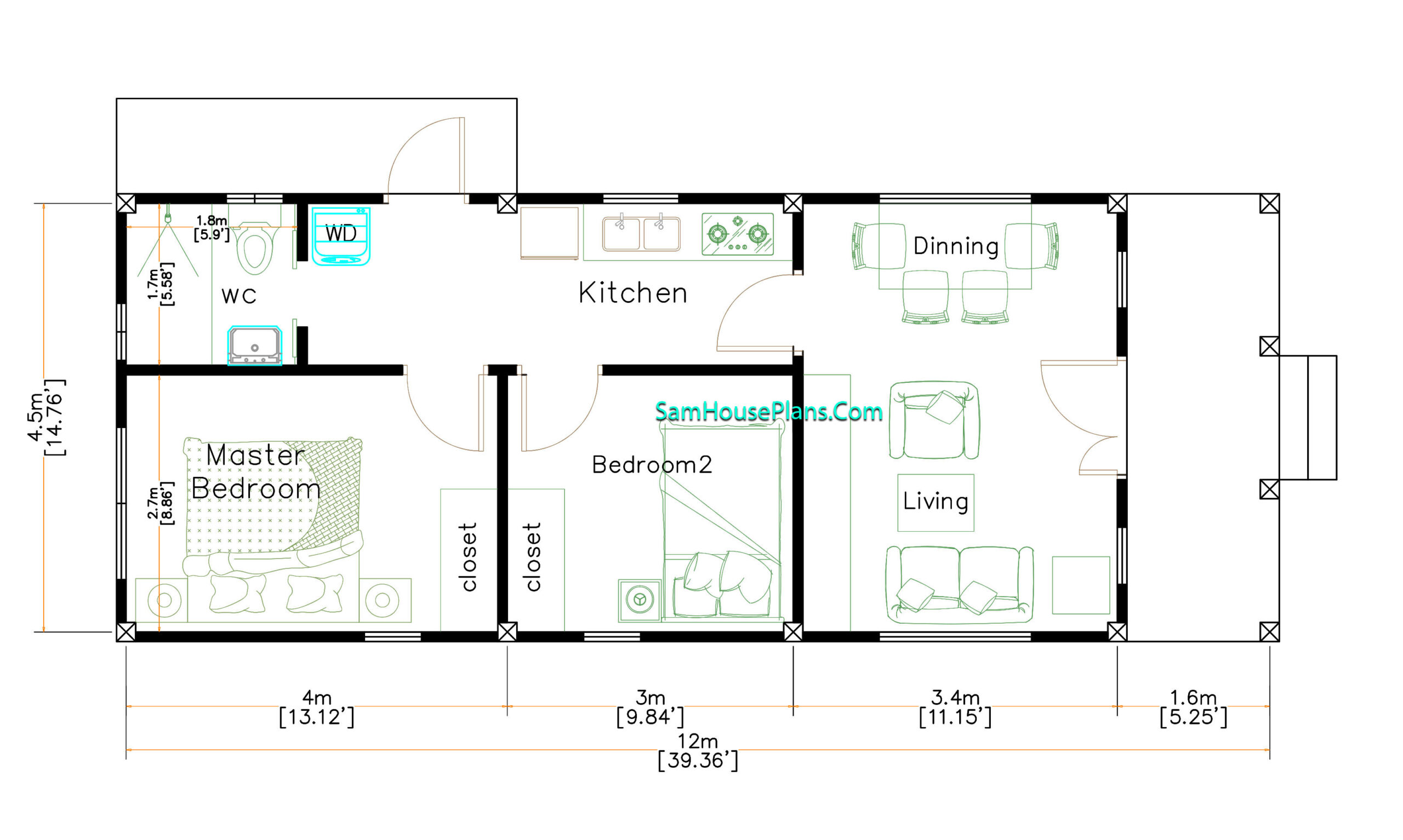 Small House Design 4 5x12 Meters 2 Beds