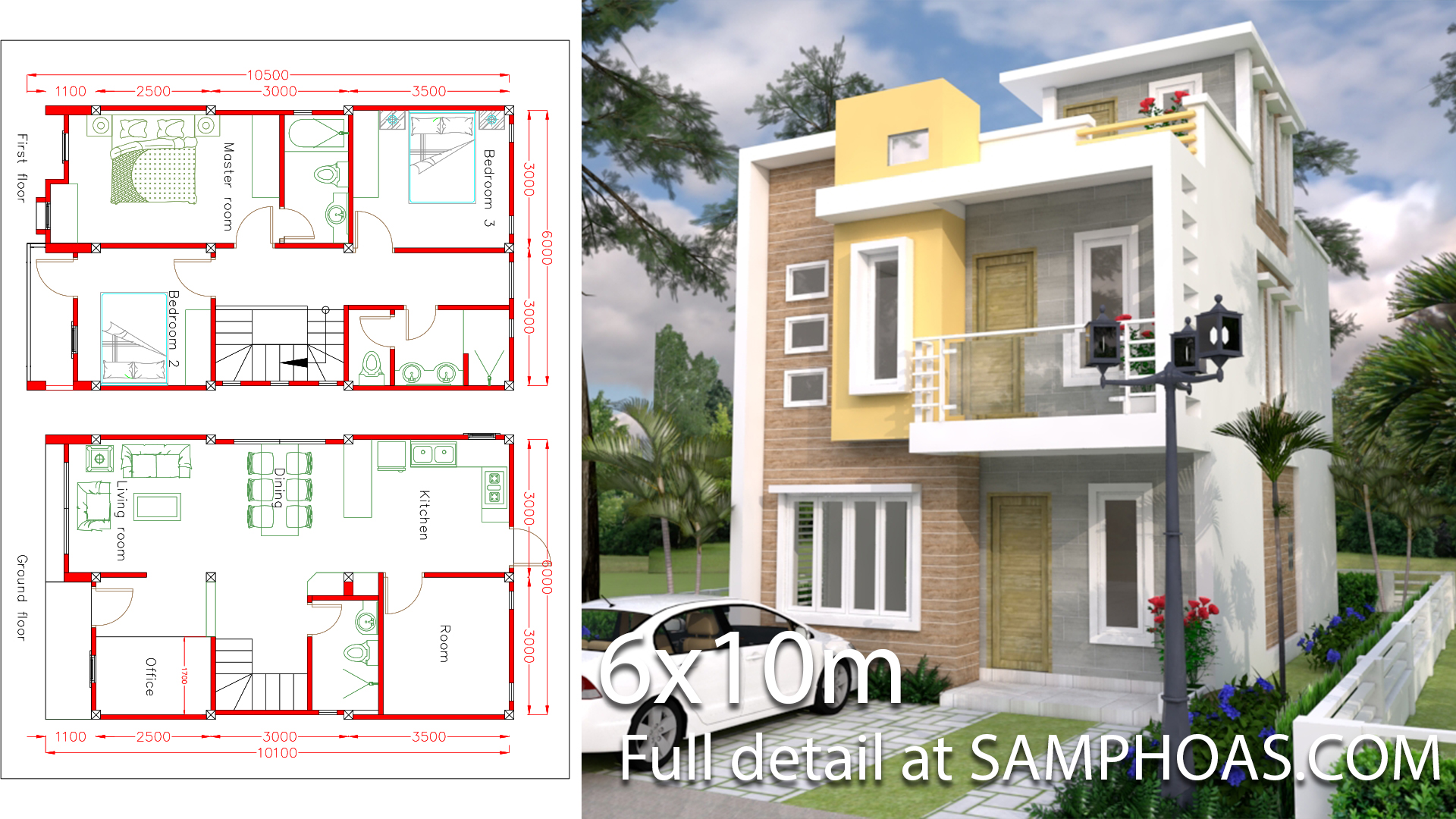 House Plans 6x10m with 4 Rooms - SamHousePlans