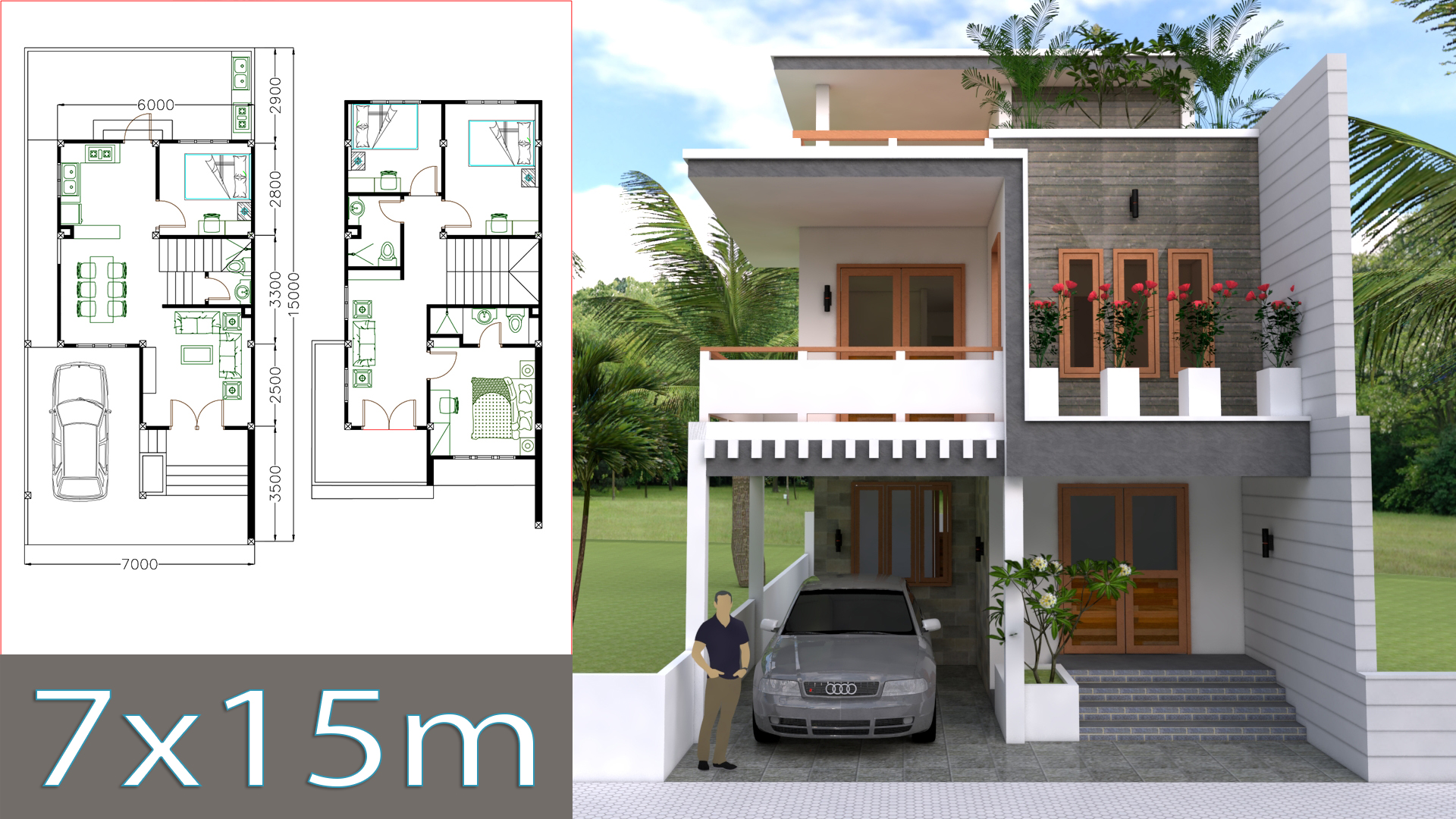 House Plans 7x15m with 4 Bedrooms - SamHousePlans