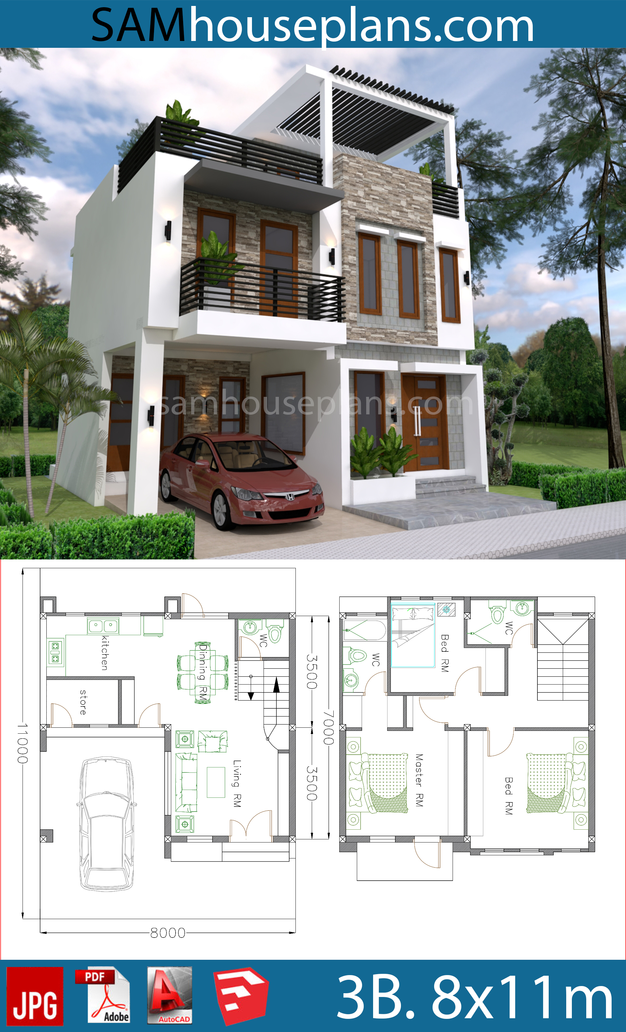 House Plans 8x11m with 3 Bedrooms - House Plans Free Downloads