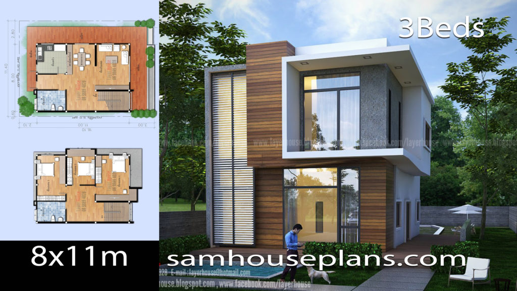 House Plans Idea 8x11m with 3 Bedrooms - SamHousePlans