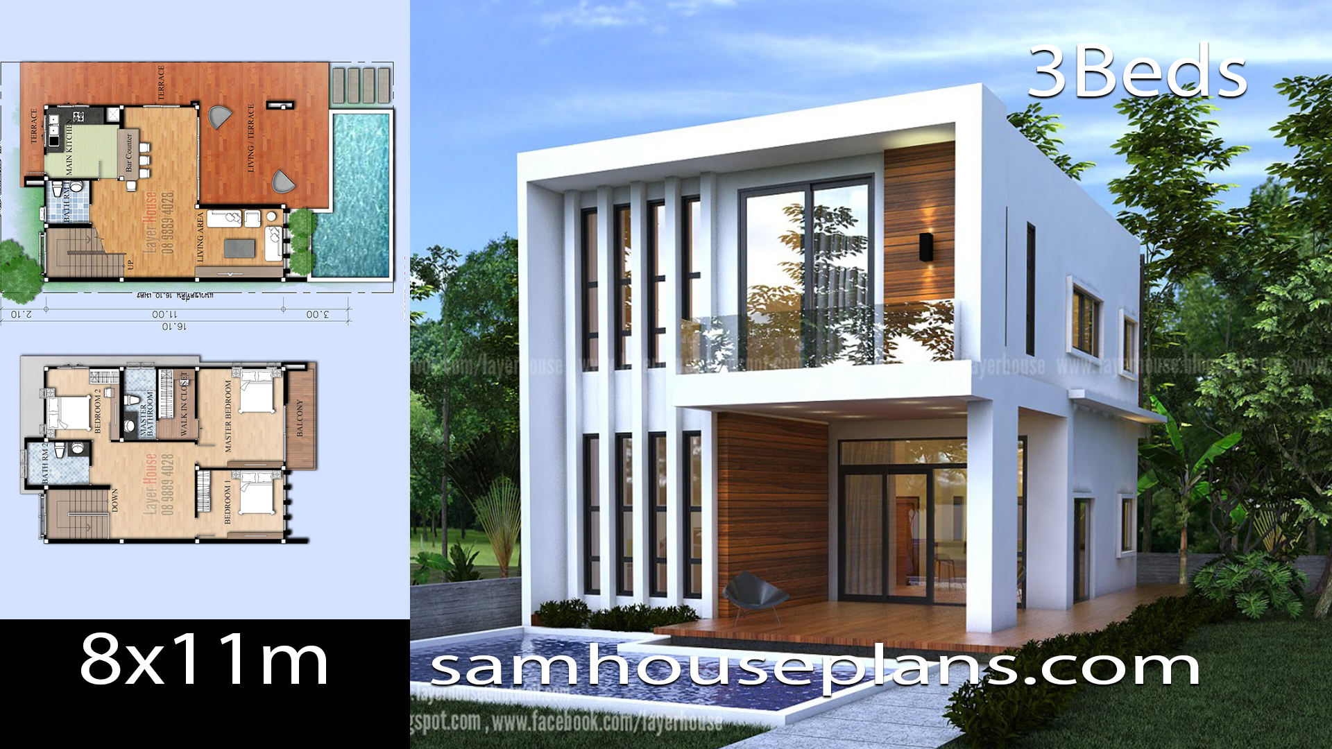 House Plans Idea 8x11m with 3 Bedrooms - SamHousePlans