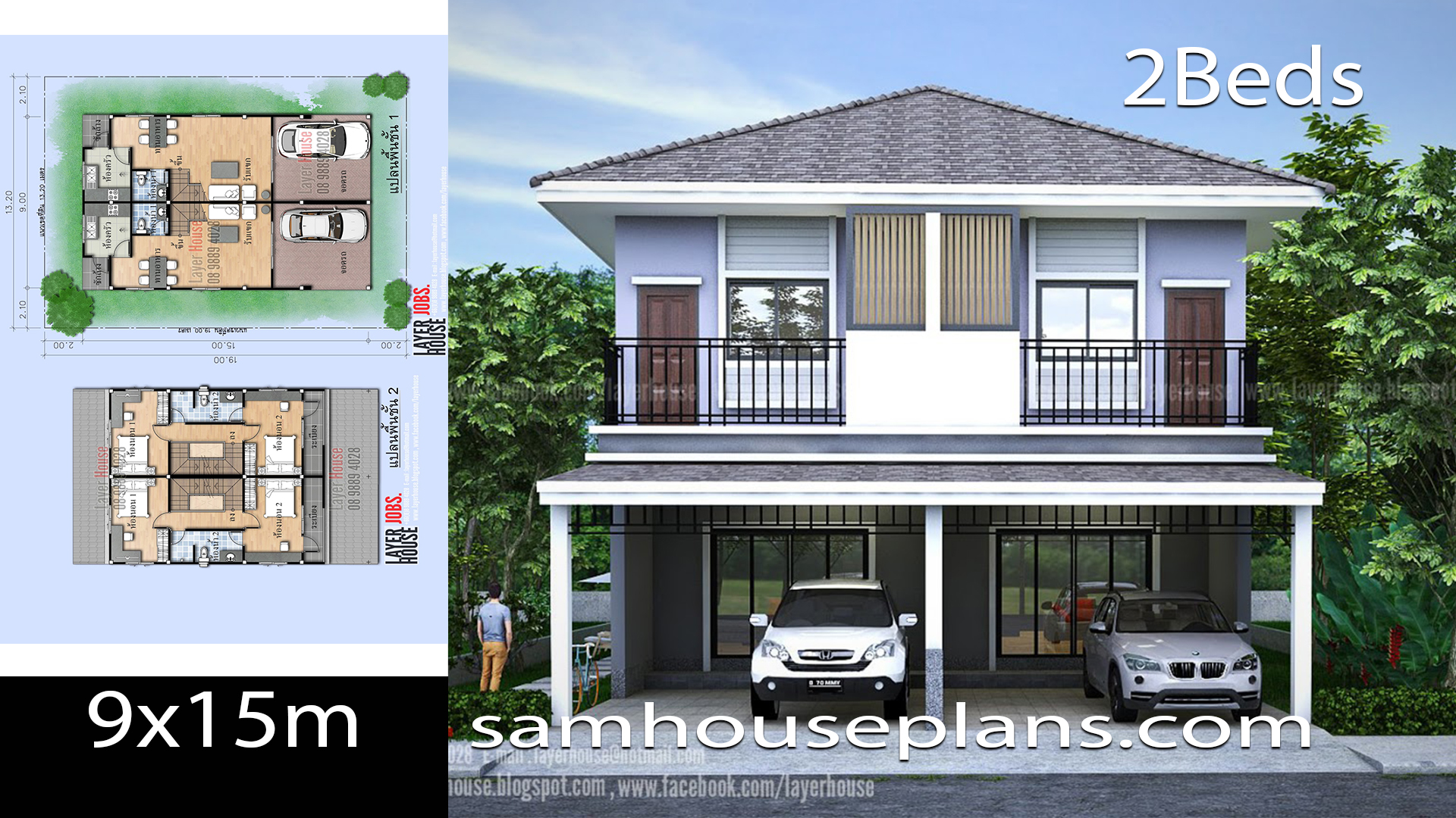Twin House plans idea 9x15m with 2 Bedrooms each