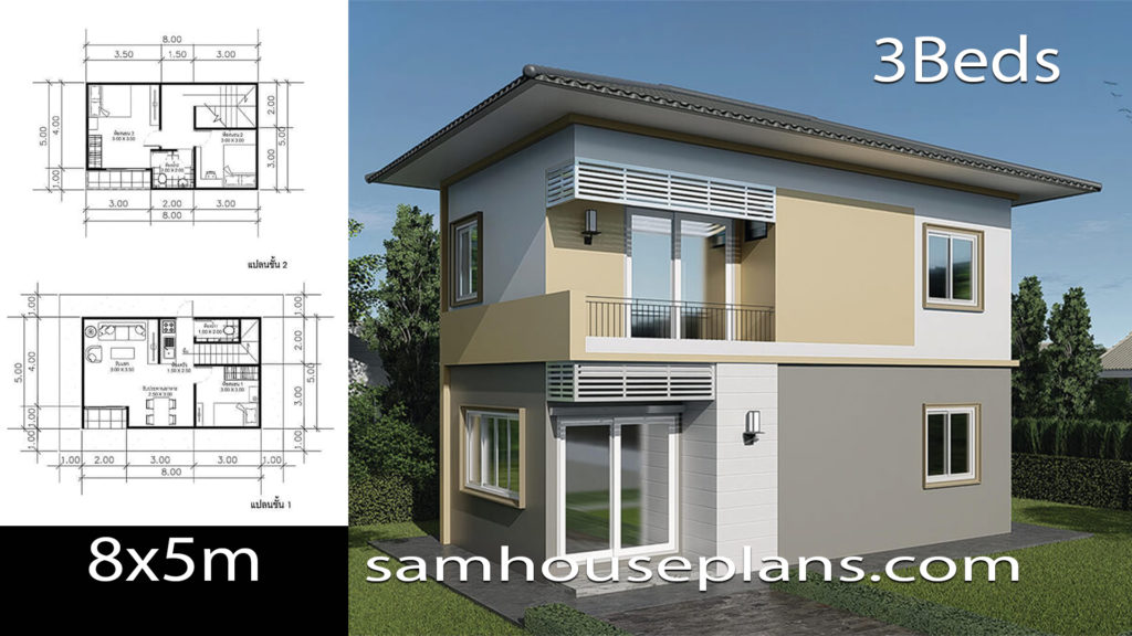 House Plans Idea 8x5m with 3 Bedrooms - SamHousePlans