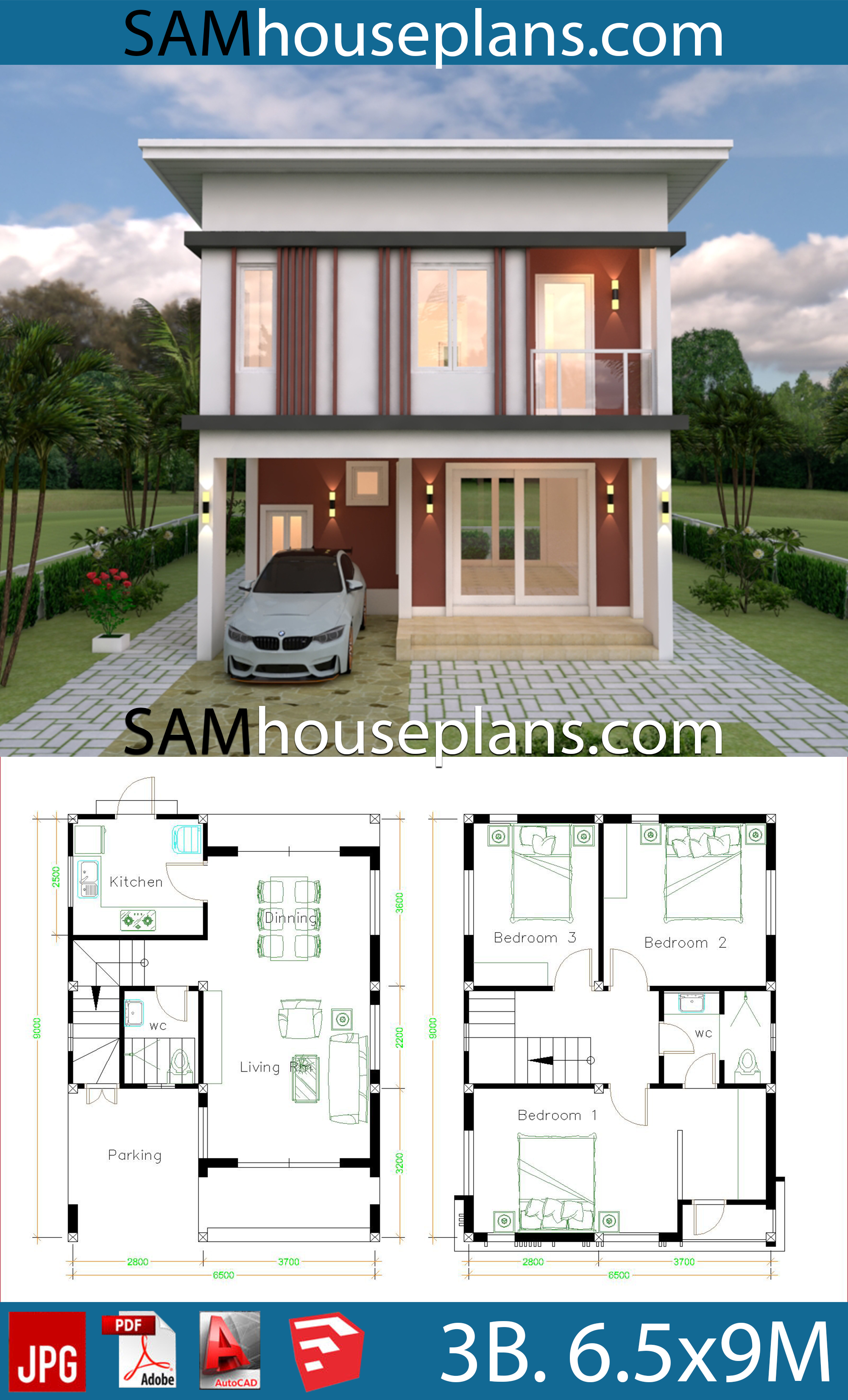 House Plans 6 6x9 With 3 Bedrooms Flat Roof House Plans