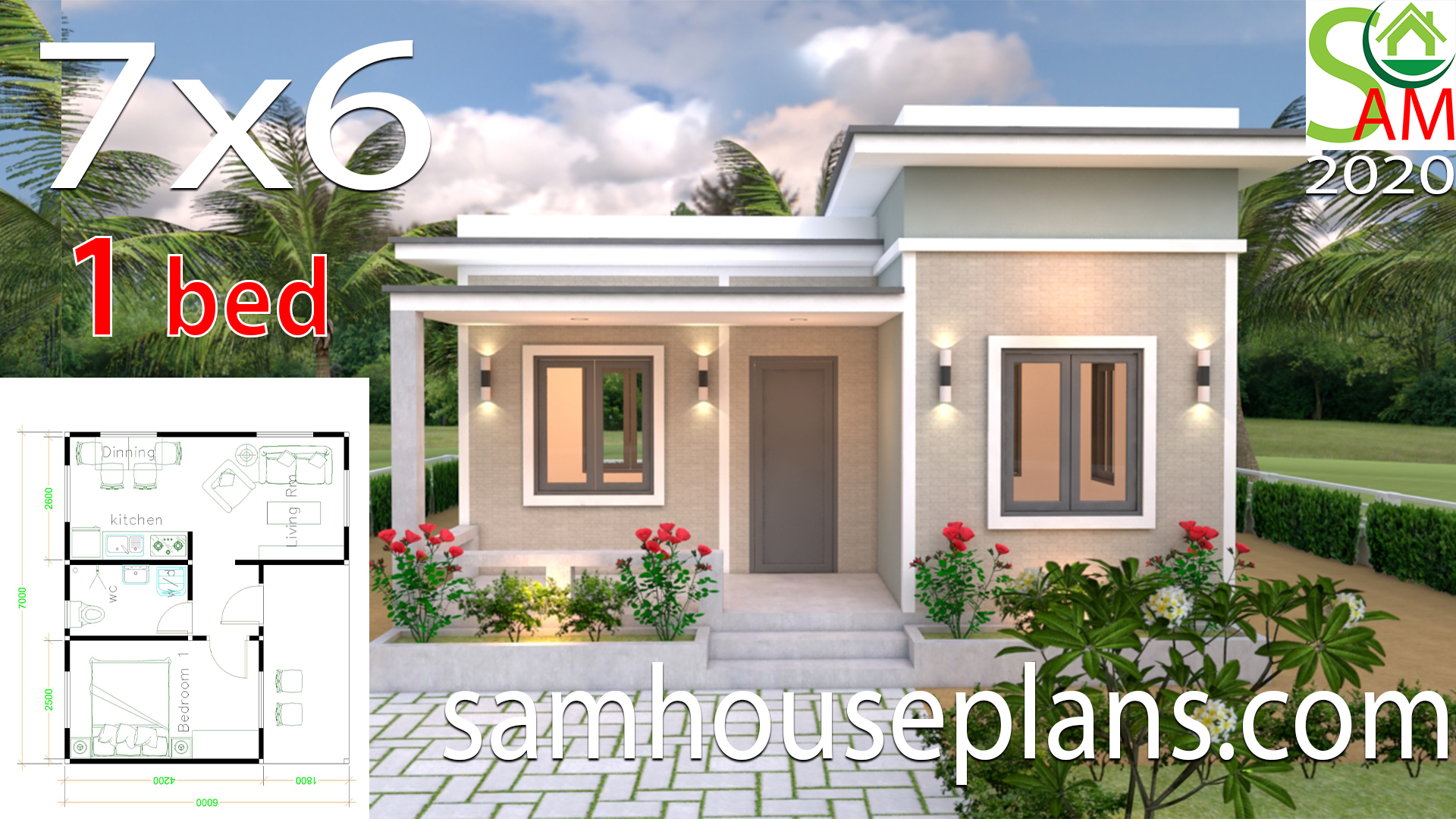 House Plans 7x6 with One Bedroom Flat Roof - SamHousePlans