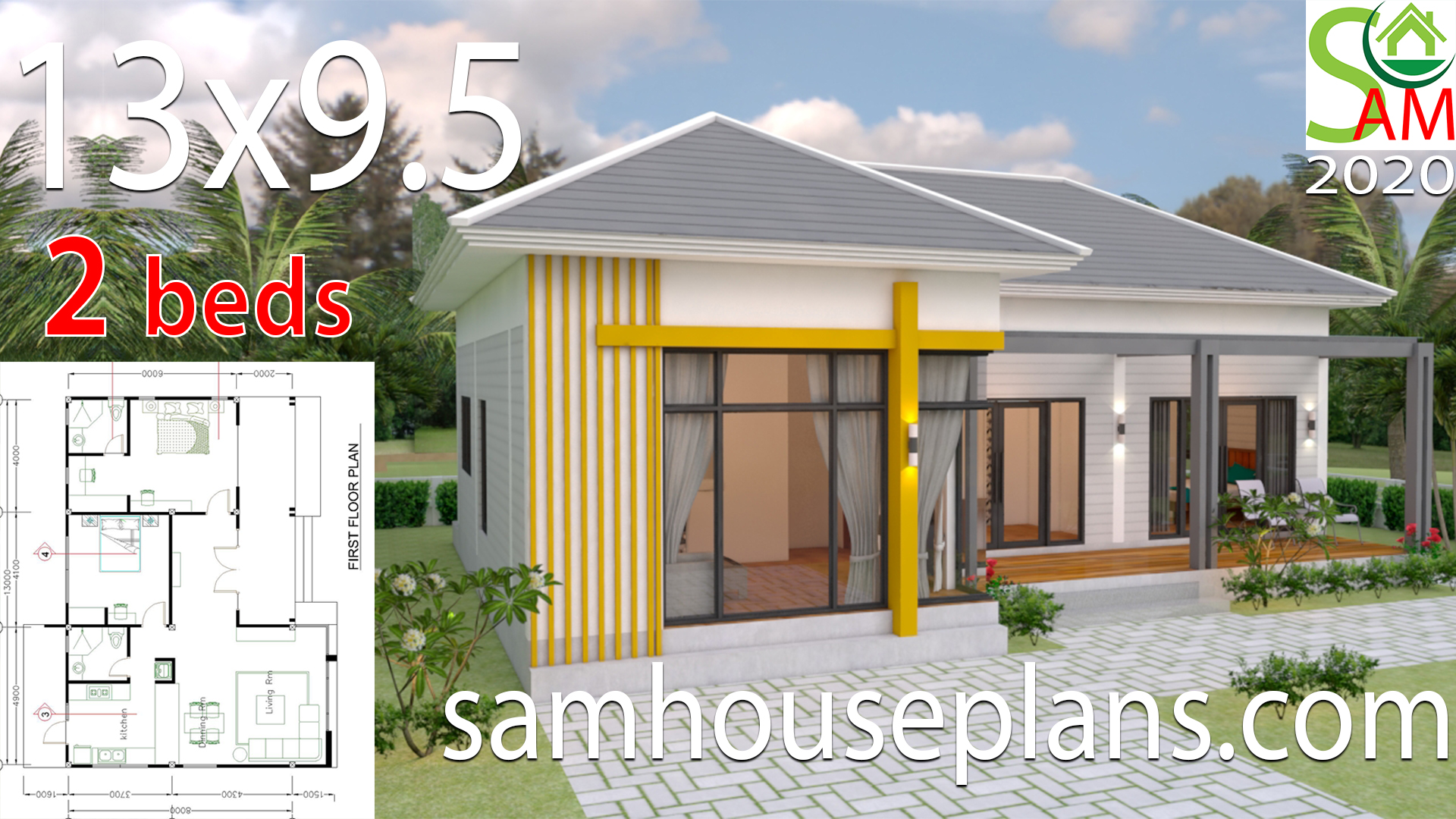 Small House Plans 13x9.5 with 2 Bedrooms Hip roof - SamHousePlans