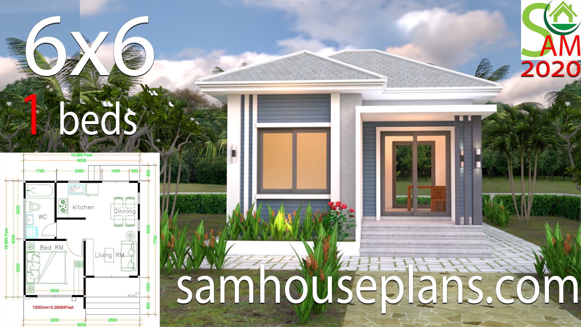 Small House Plans 6x6 With One Bedrooms Hip Roof Samhouseplans