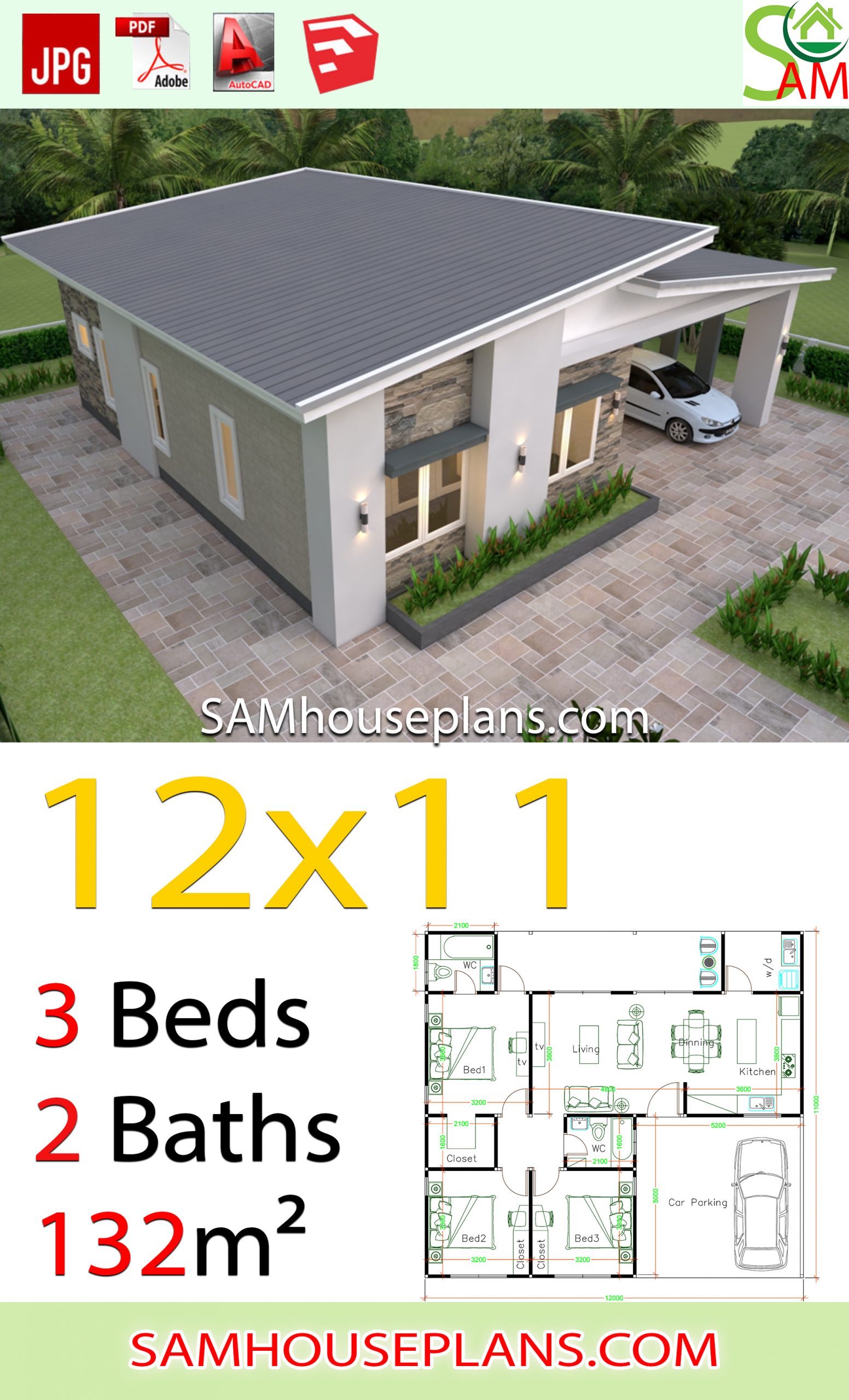 House Plans 12x11 With 3 Bedrooms Shed Roof - SamHousePlans