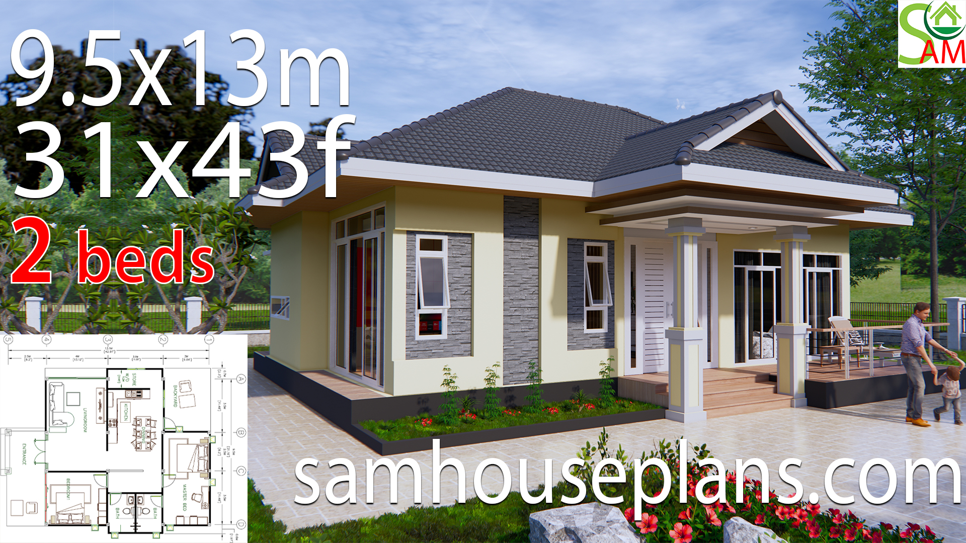 House Plans 31x43 Feet 9.5x13 Meters 2 Bedrooms Hip Roof - Samhouseplans