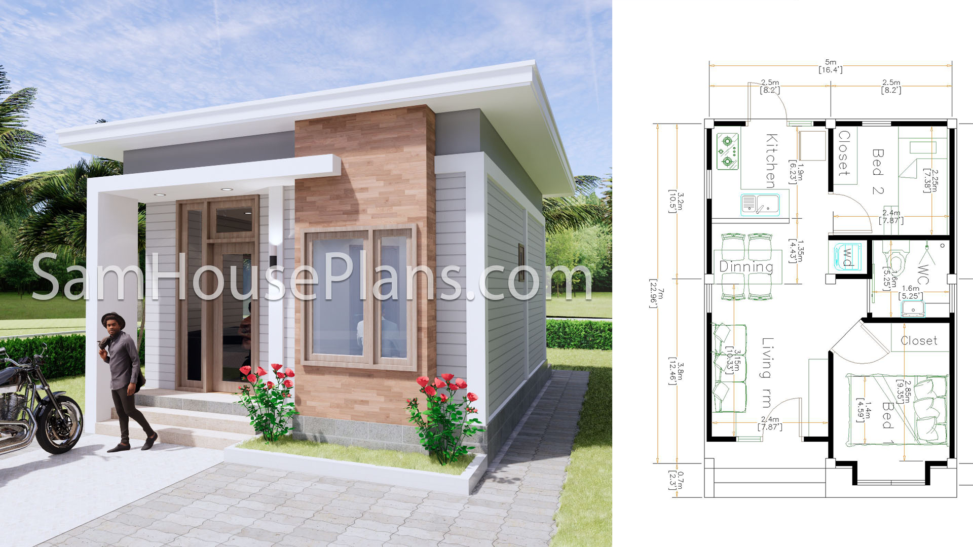 16x23 House Plans 5x7 Meters 2 Bedrooms Full Plans - SamHousePlans