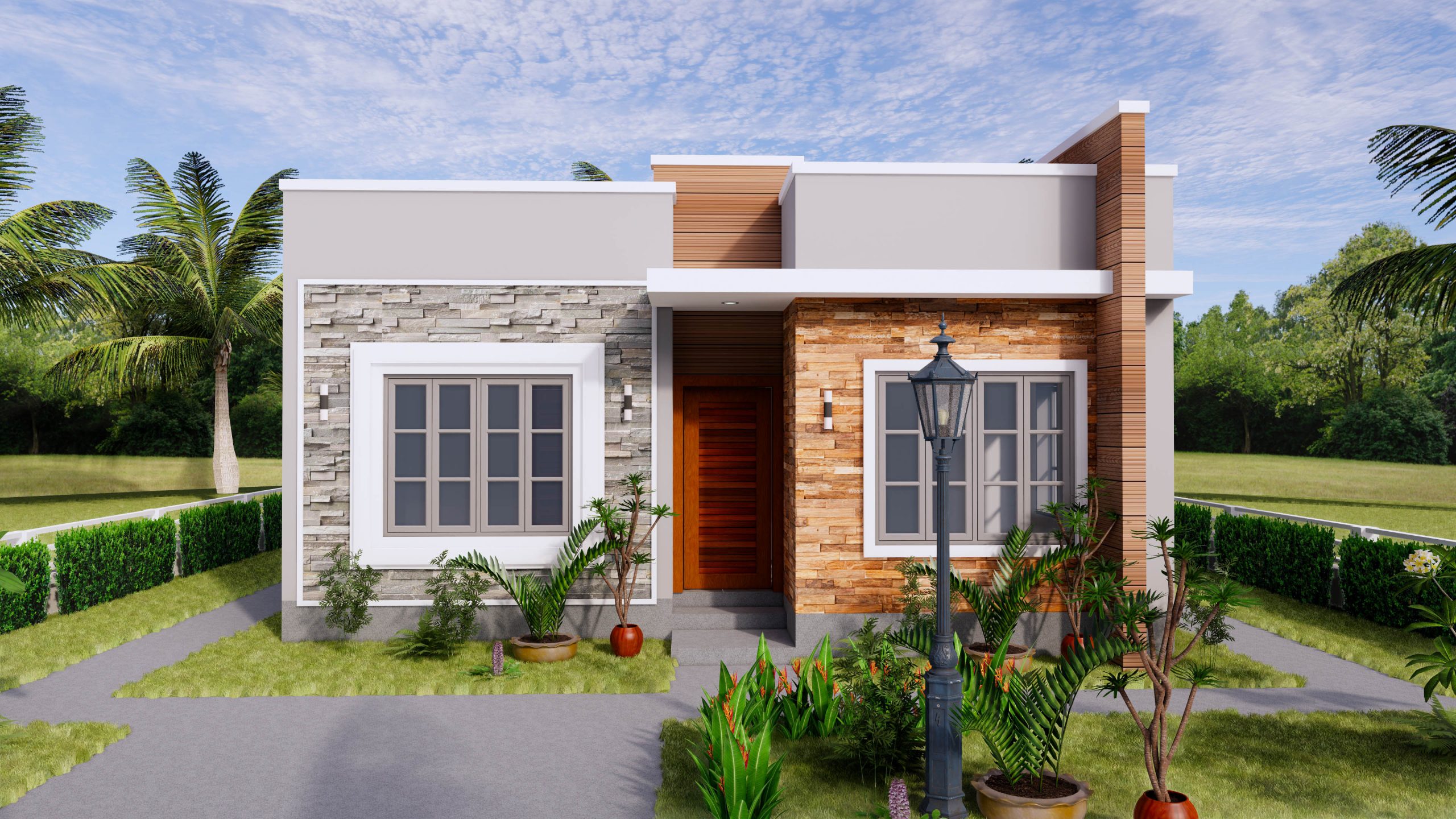 Small House Design 8x9 With 2 Bedrooms Terrace Roof 3D Exterior Front 1 Scaled 