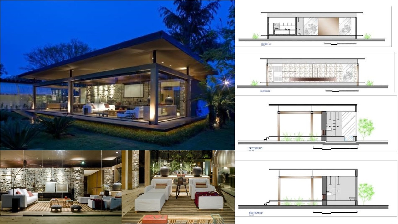 Plans of a Small House with One Bedroom with Facade Design and Interiors of Stone and Wood