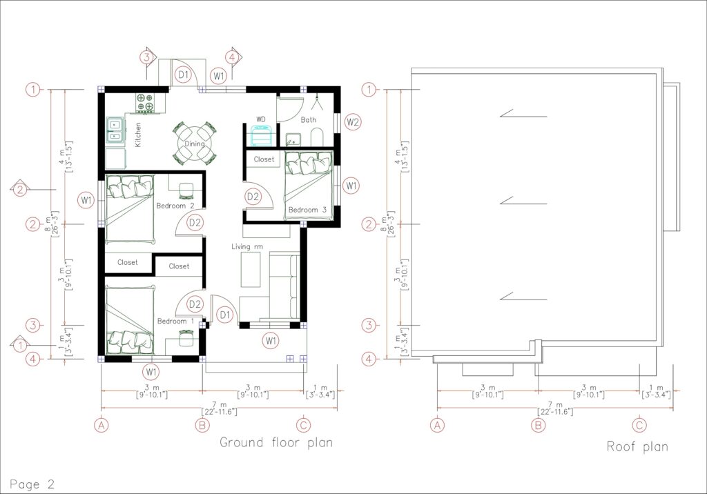 Small House Plan 7x8 Meter Home Design 23x26 Feet 3 Bed 1 bath PDF Full ...